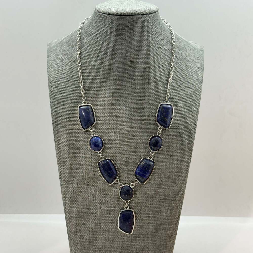 Lapis Lazuli Statement Necklace with Rectangular and Oval Stones in Silver Tone